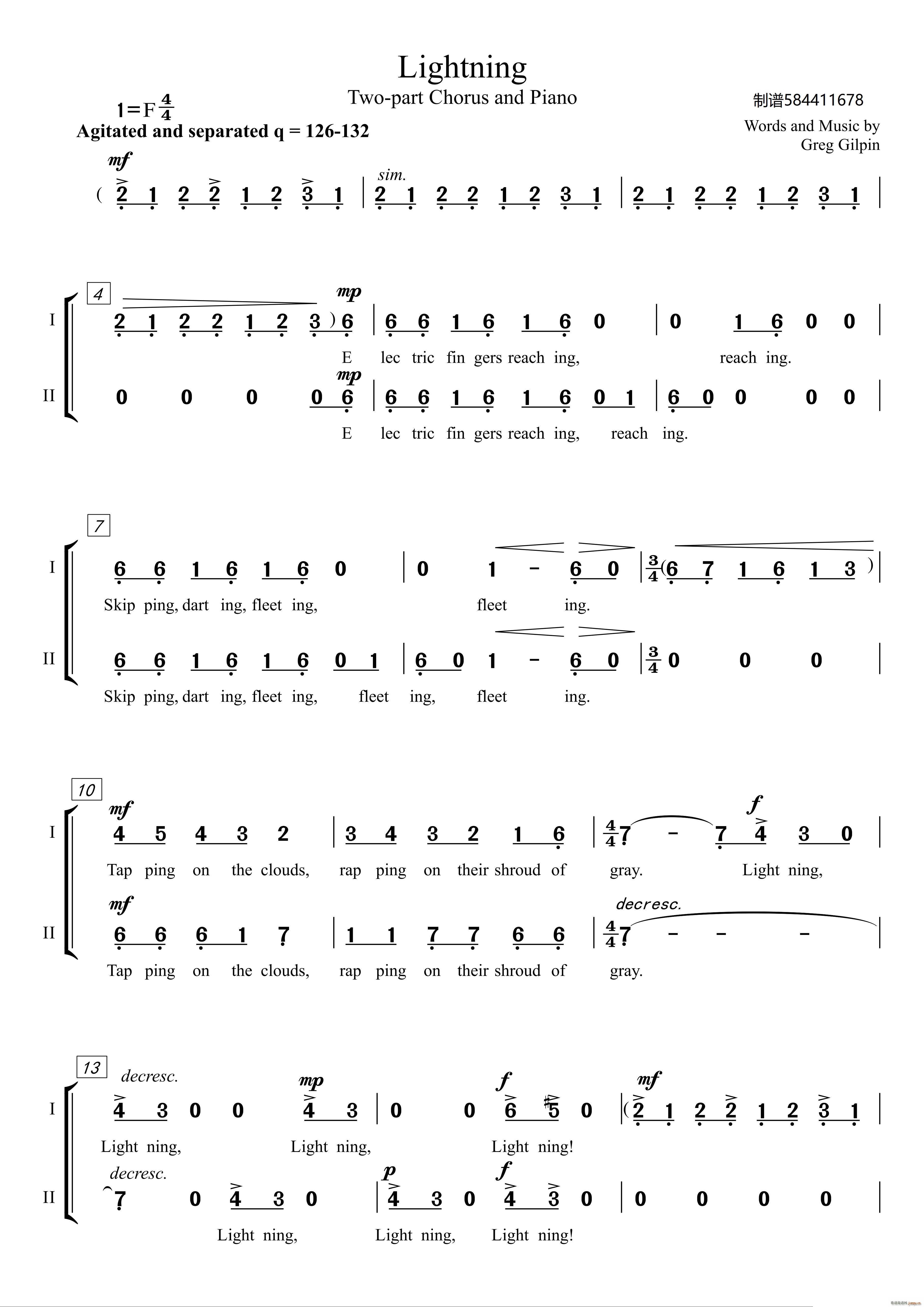 Lightning闪电二声部合唱谱