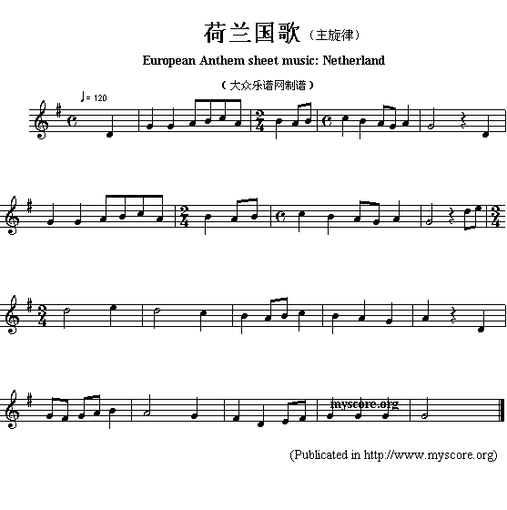 欧洲各国国歌曲谱：荷兰（European Anthem sheet music:Netherland）