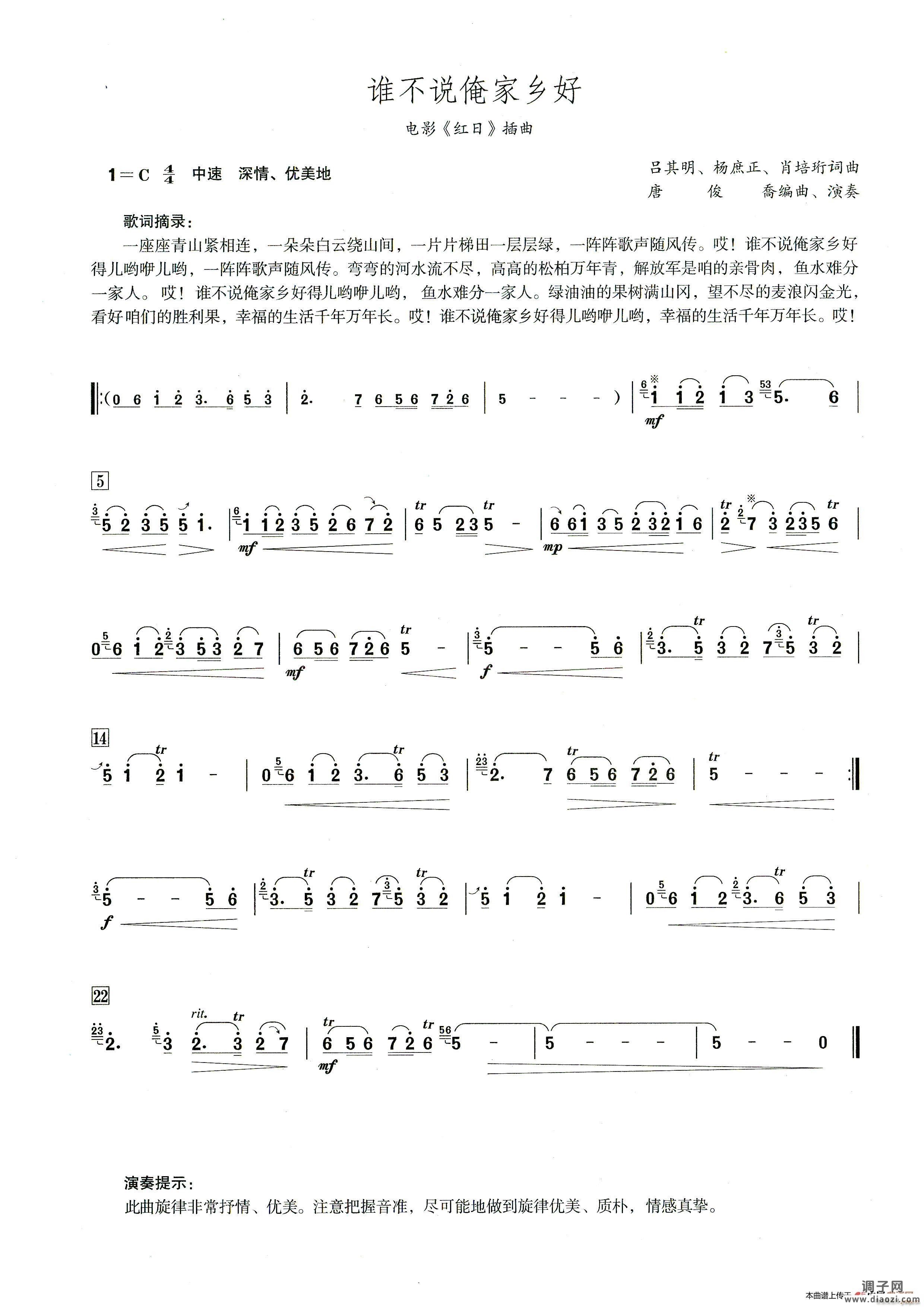 谁不说俺家乡好（笛子演奏提示版）