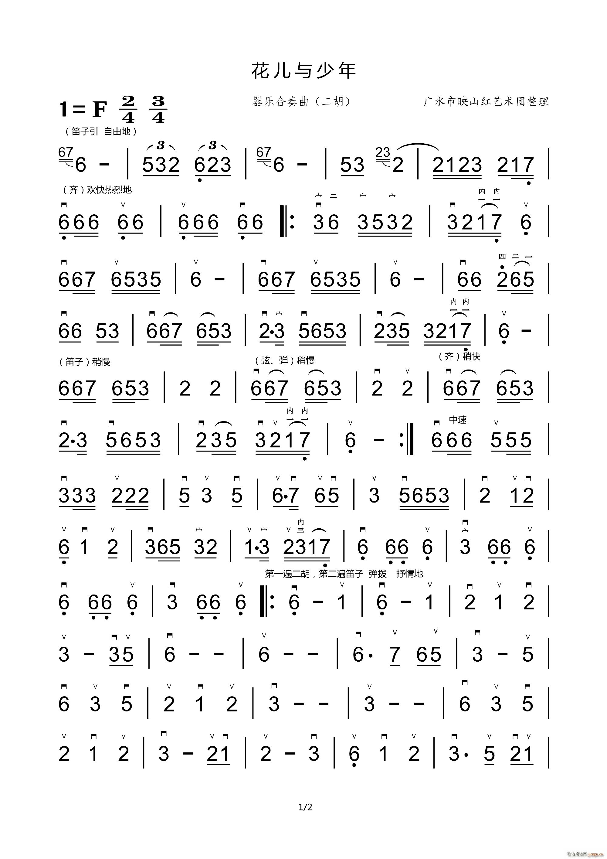 花儿与少年（器乐合奏二胡分谱）