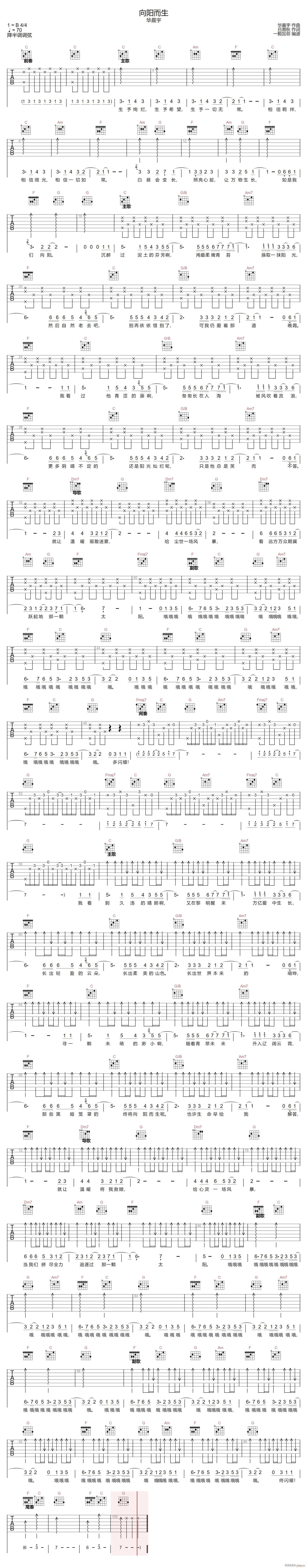 向阳而生 （ C调指法编配）