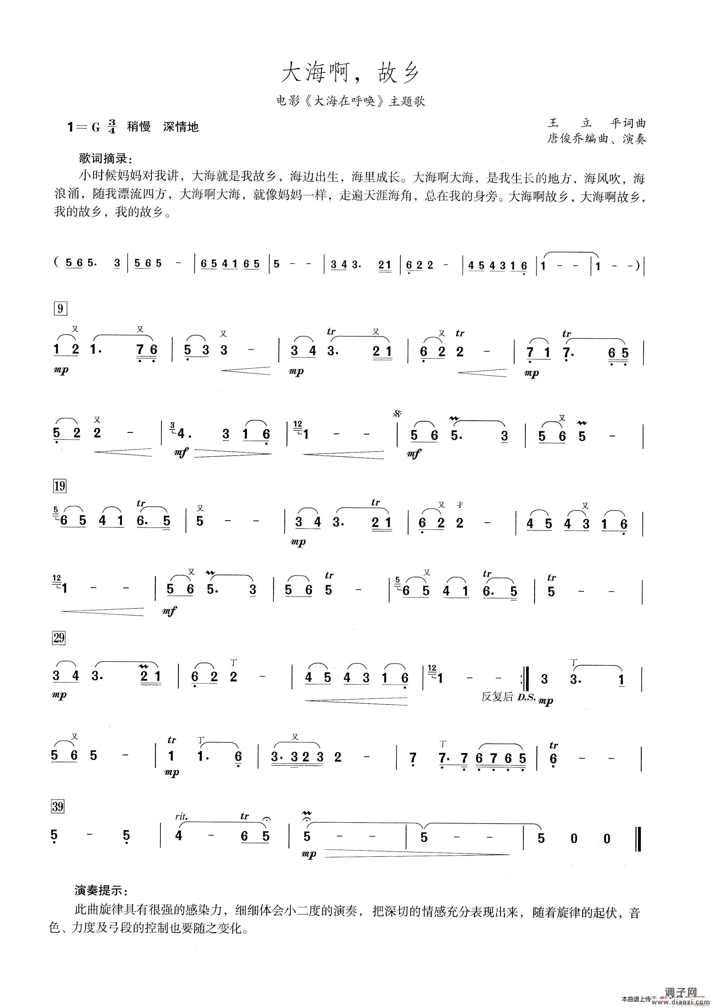 大海啊 故乡（笛子演奏提示版）