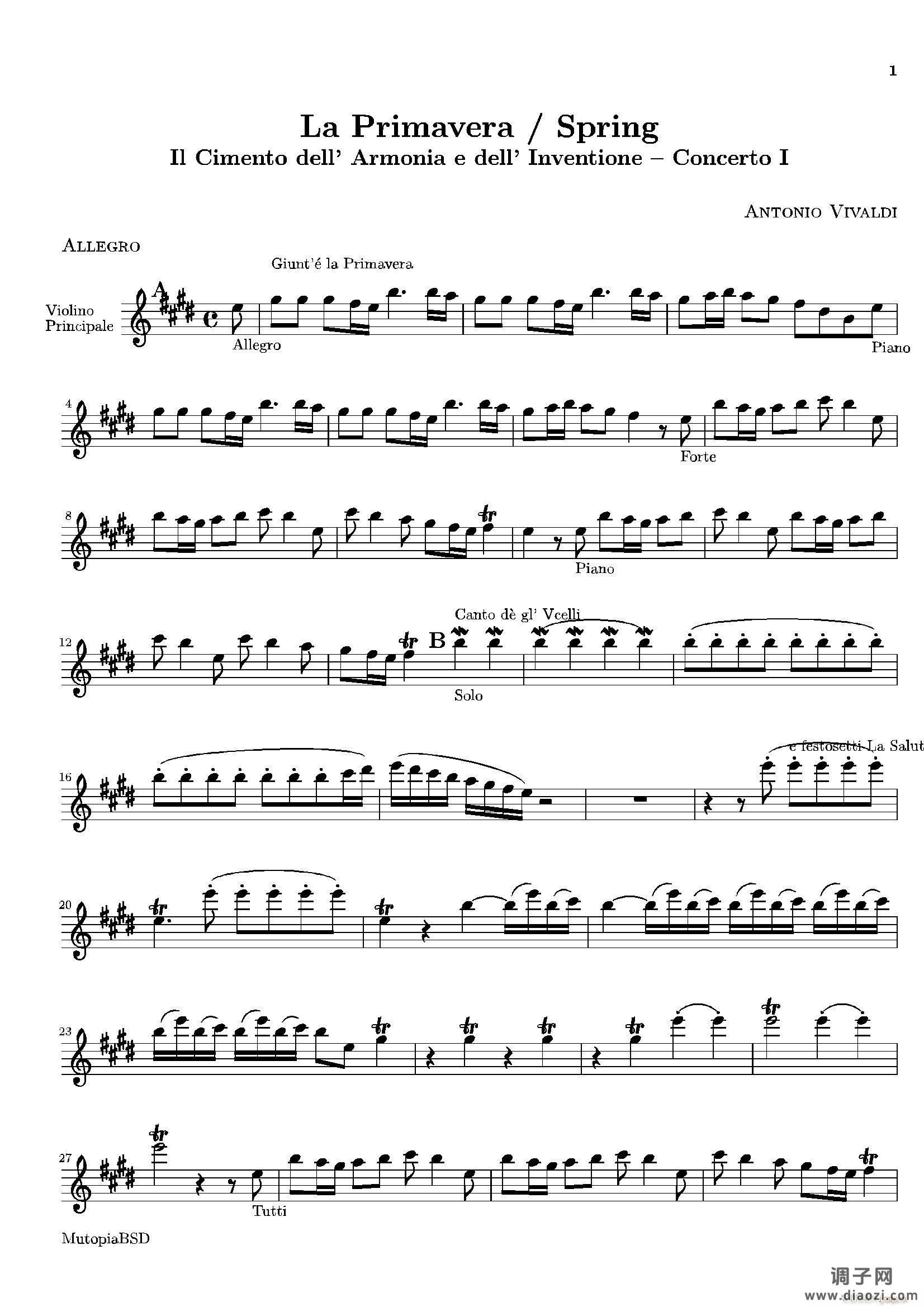 La Primavera Spring（四季 春）（小提琴分谱）