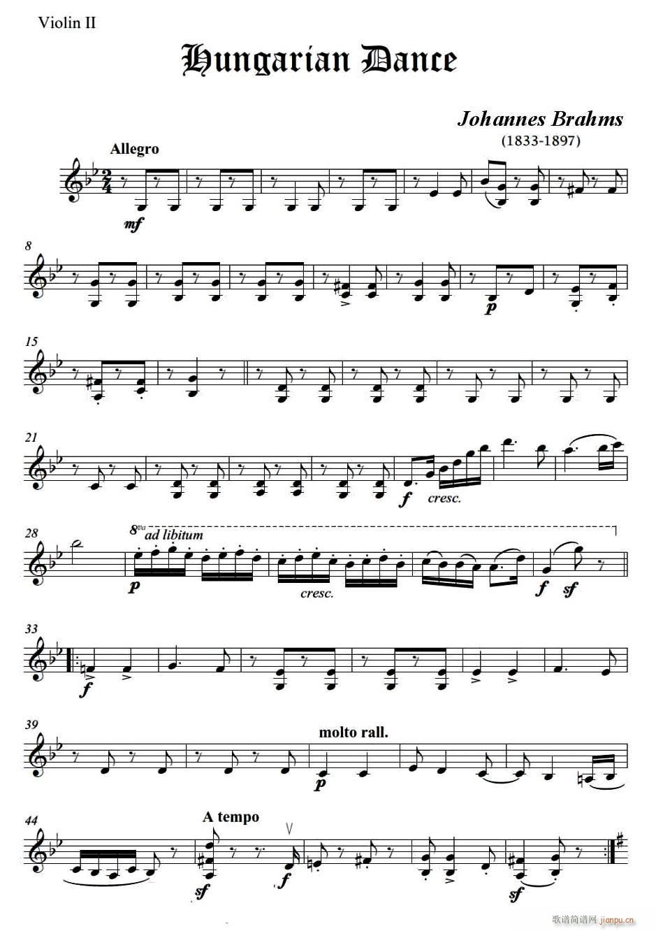 匈牙利舞曲（弦乐四重奏第二小提琴分谱） 提琴