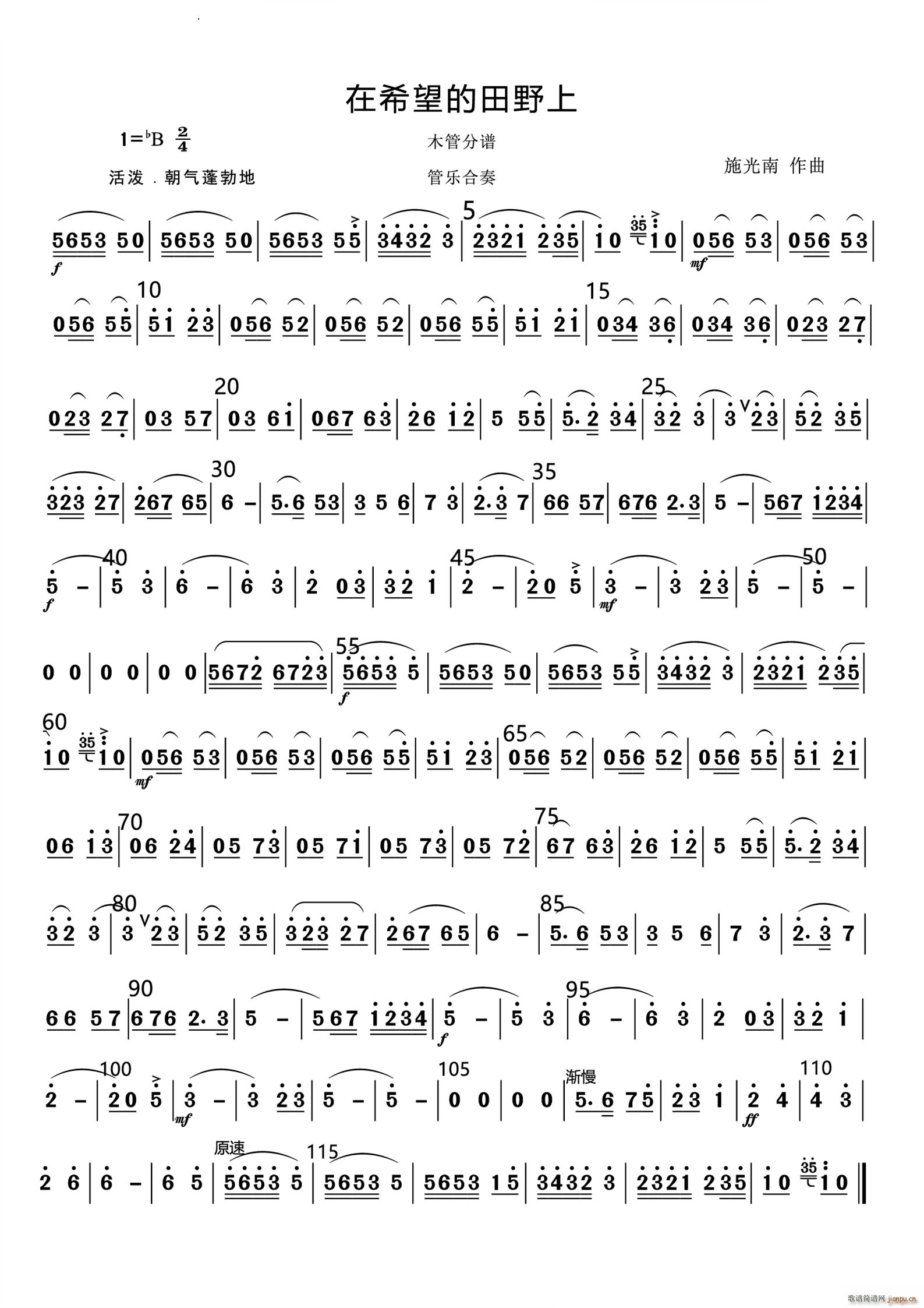 在希望的田野上管乐合奏总谱和分谱