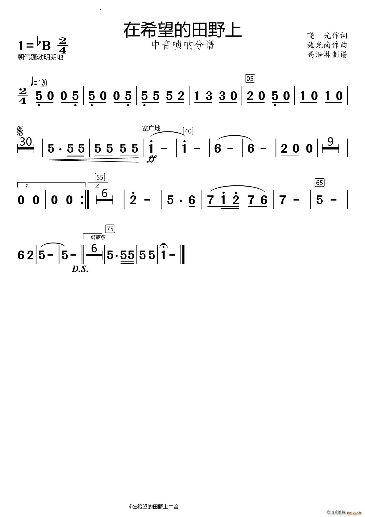 在希望的田野上中音唢呐分谱