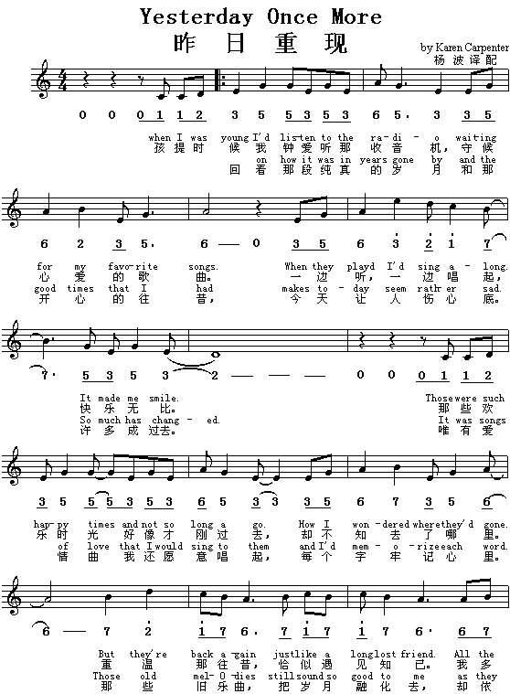 Yesterday Once More 昨日重现（中英文）