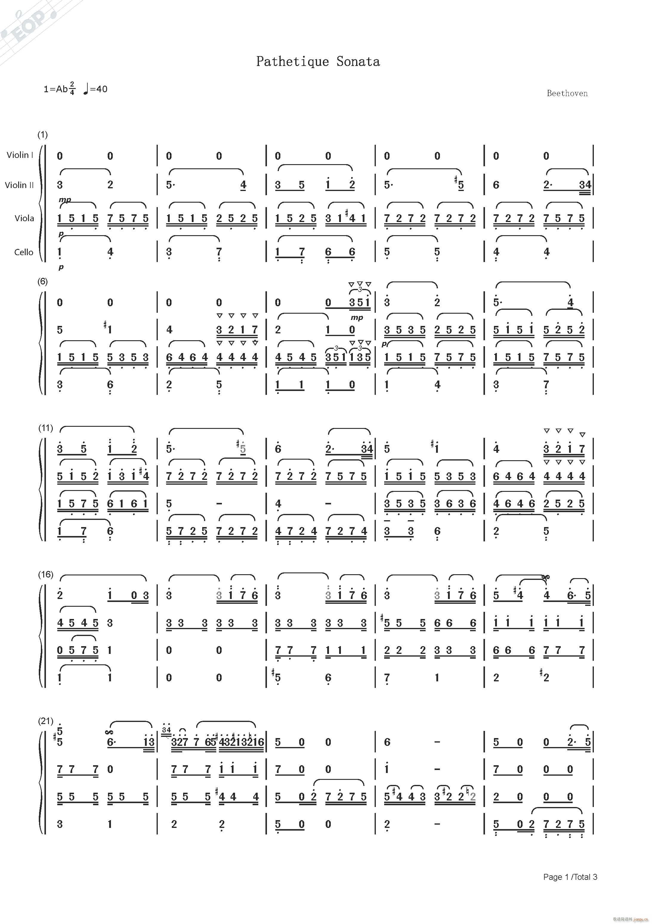 贝多芬 悲怆奏鸣曲（第二乐章 弦乐四重奏）