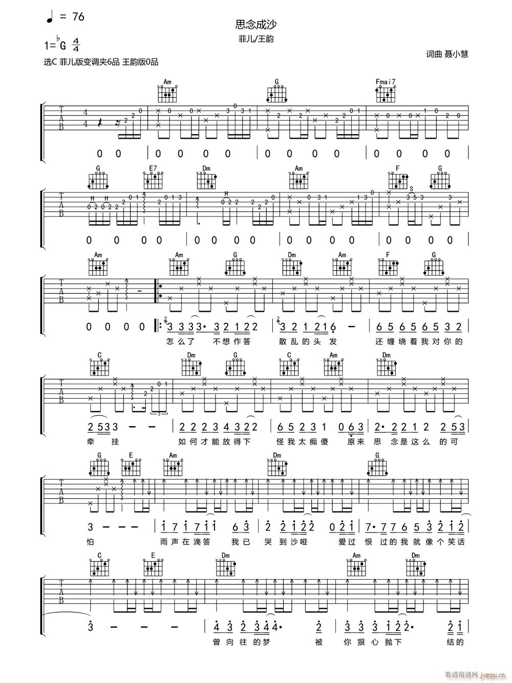 思念成沙 （ 王韵 C调原版编配）