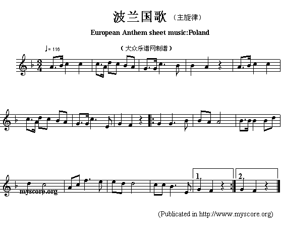 欧洲各国国歌曲谱：波兰（European Anthem sheet music:Poland）