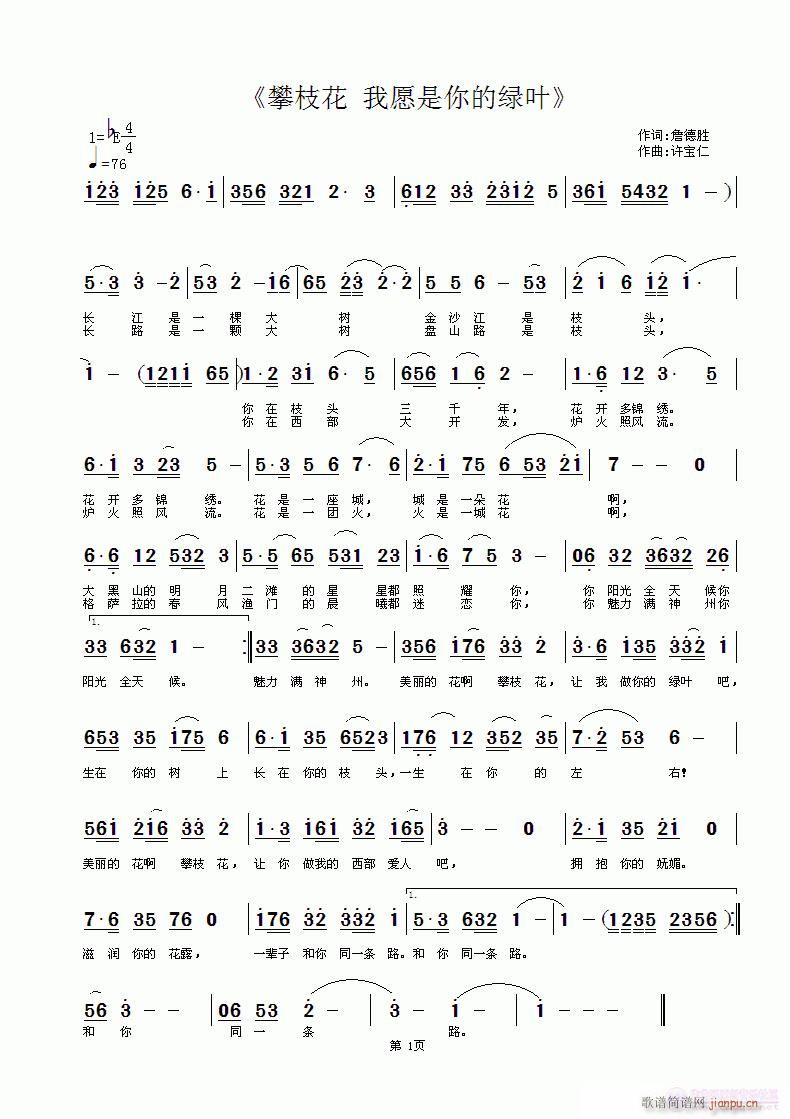 《攀枝花 我愿是哪的绿叶》 词詹德胜 曲许宝仁