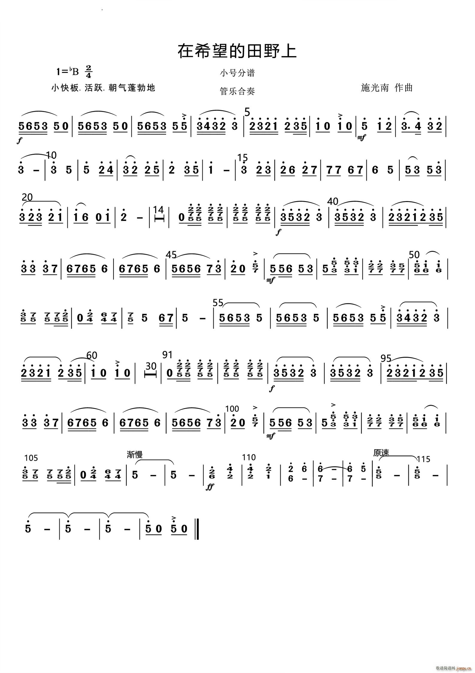 在希望的田野上管乐合奏总谱和分谱