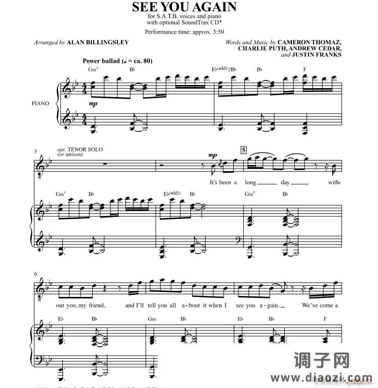 See You Again SATB混声合唱谱