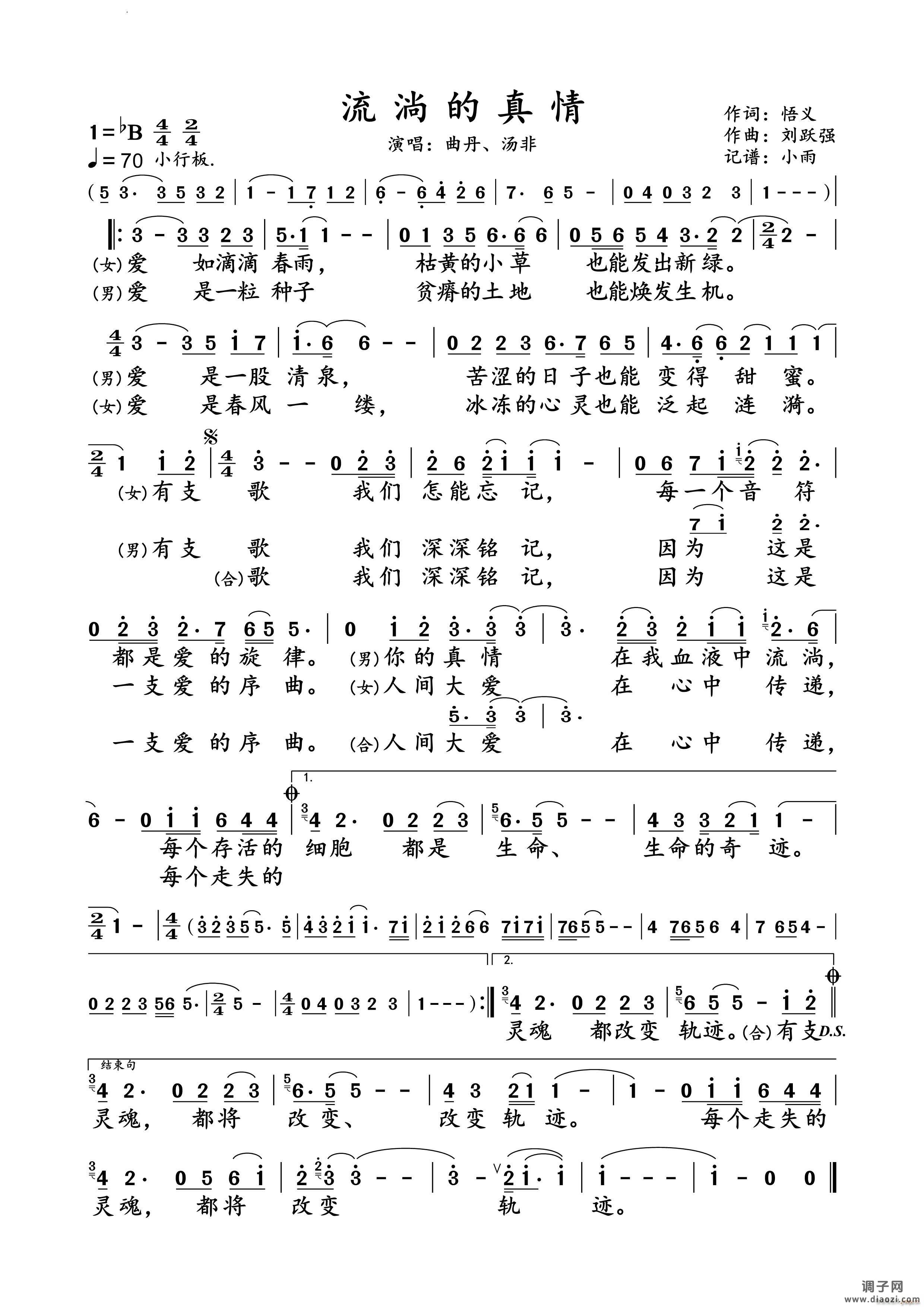 流淌的真情 、汤非 对唱谱